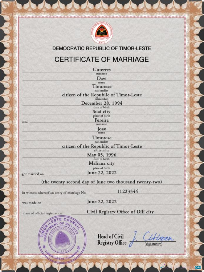 Download Timor Leste marriage certificate PSD template Photoshop template